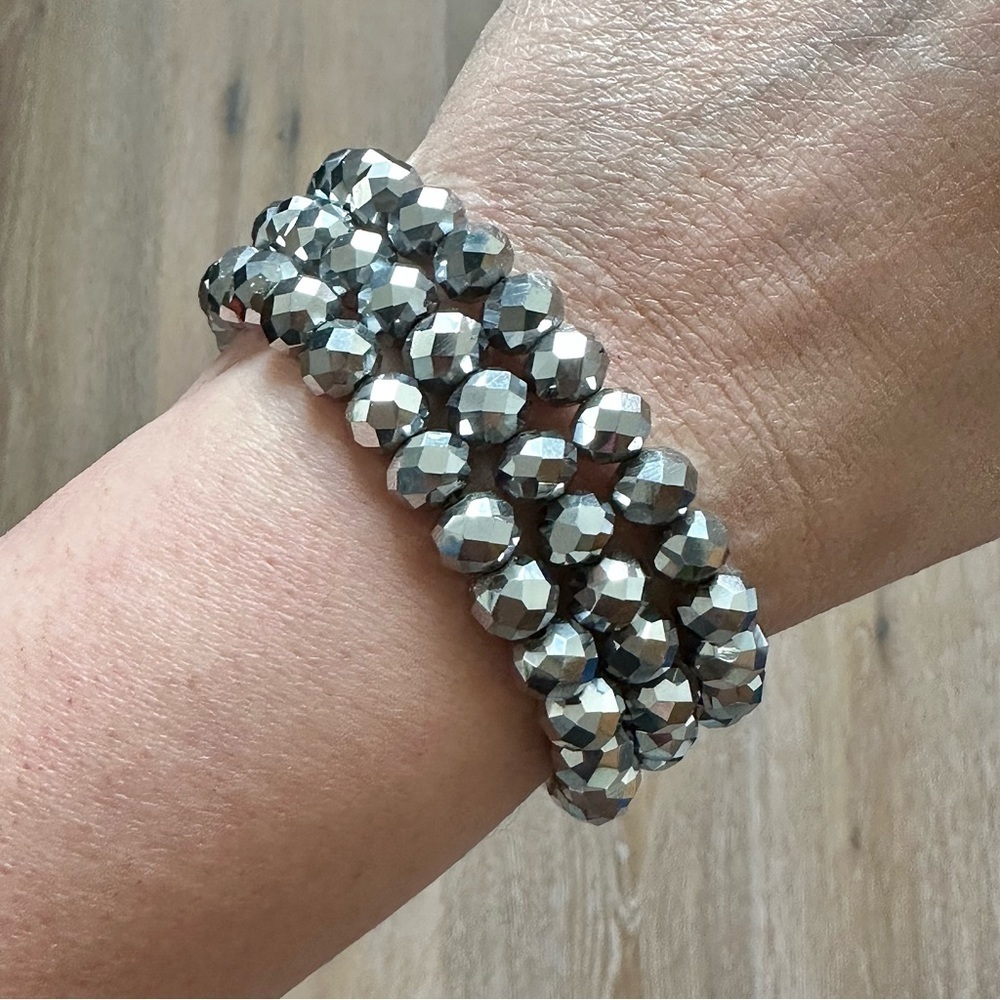 Set of 3 Sparkly Silver Beaded Stretch Bracelets Mermaidcore Stacking Arm Party